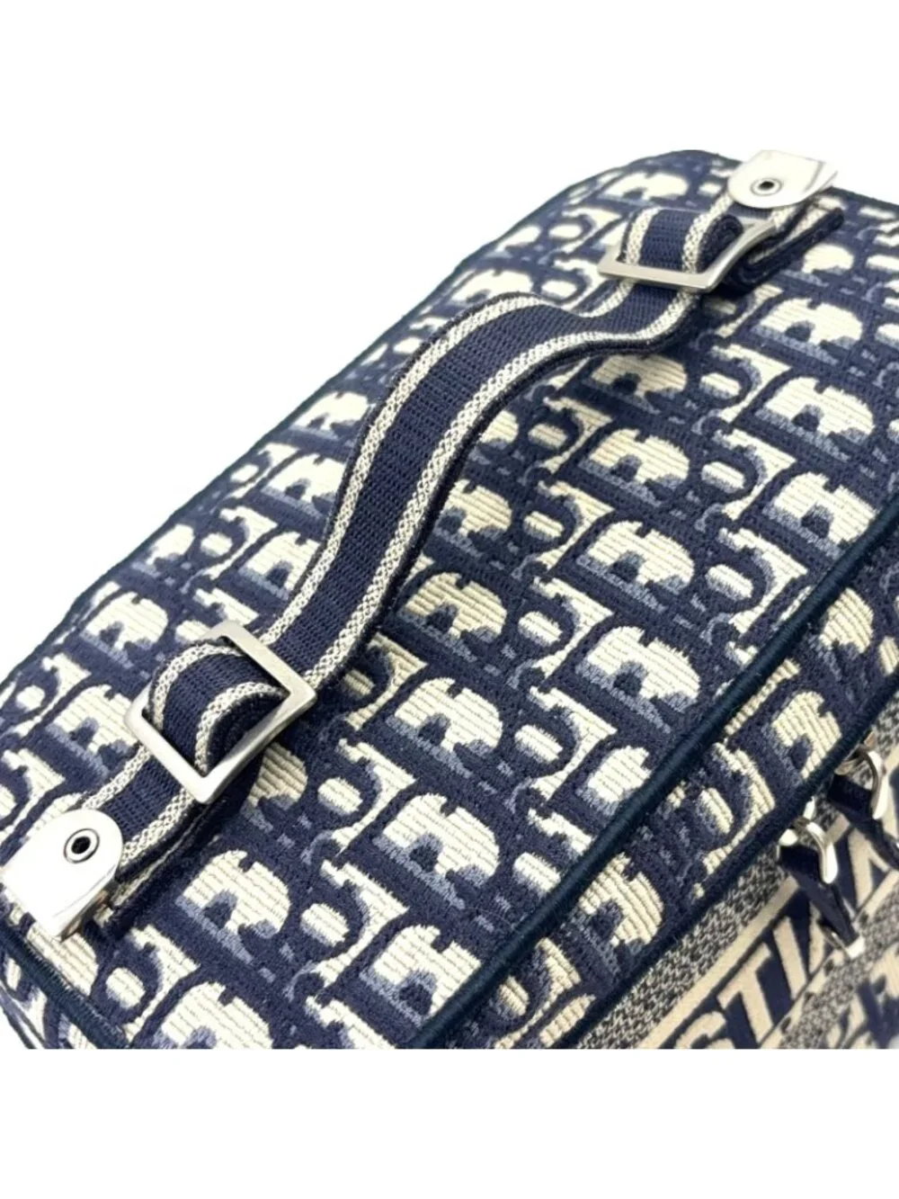 Dior Travel Vanity Cotton Off White Navy Handbag Silver